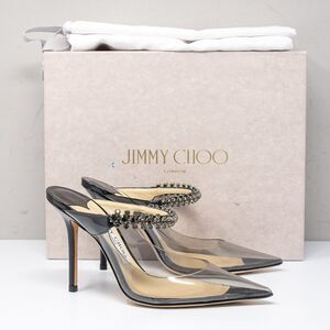 Jimmy Choo Bing 100, Size 36 (6 US) Black Patent Leather Crystal Strap Heels